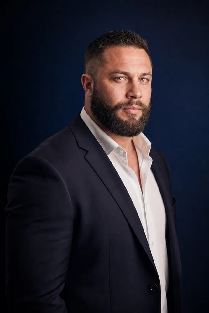 The founder of Legendary Pathway — full-colour portrait, navy studio backdrop